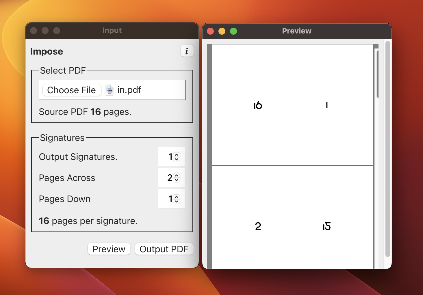 A screenshot of two windows of the Super Imposer 3000 application, showing both the input PDF options and a preview of the imposed PDF ready for print.